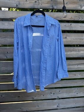 Woman Within Blue and White Striped Button-Down Shirt